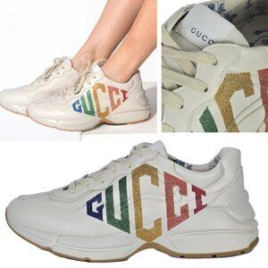 GUCCI SNEAKERS RHYTON WHITE LEATHER GLITTER GG LOGO SHOES 40.5 10.5